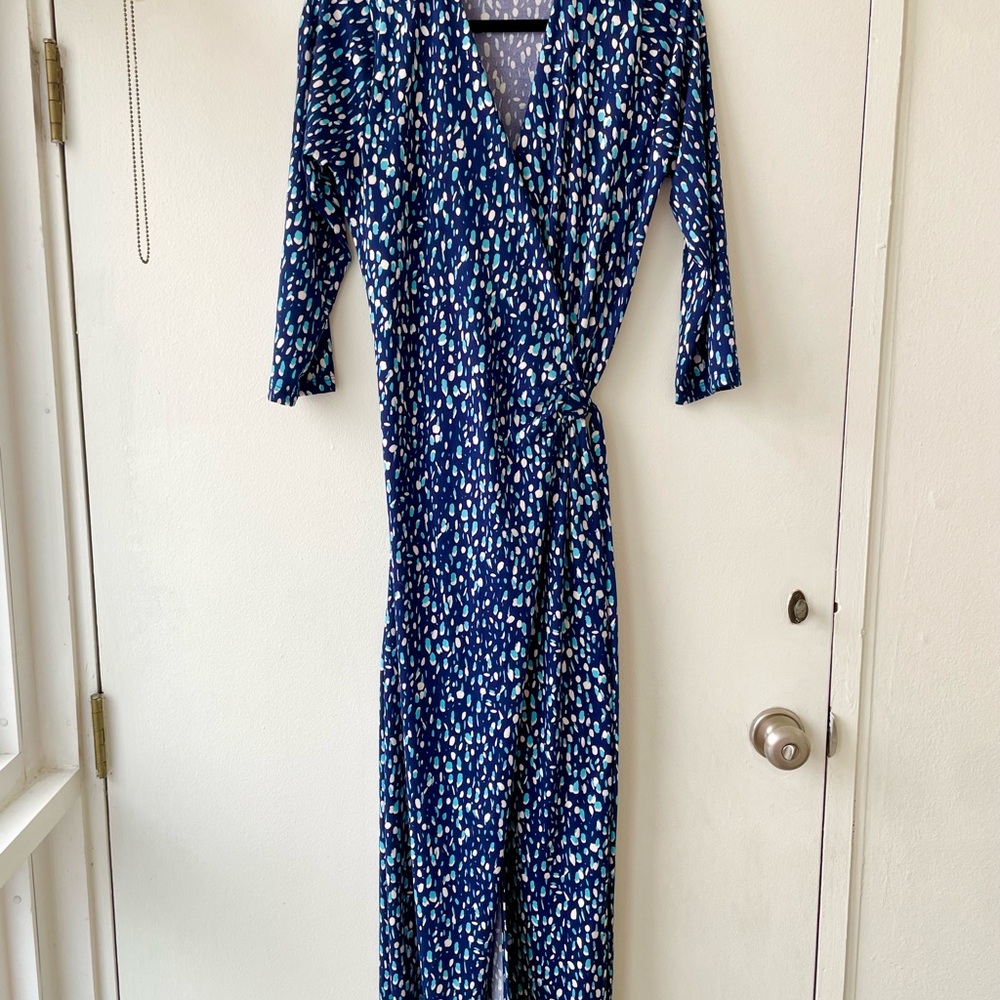 Renee C. Blue and White Midi Wrap Dress